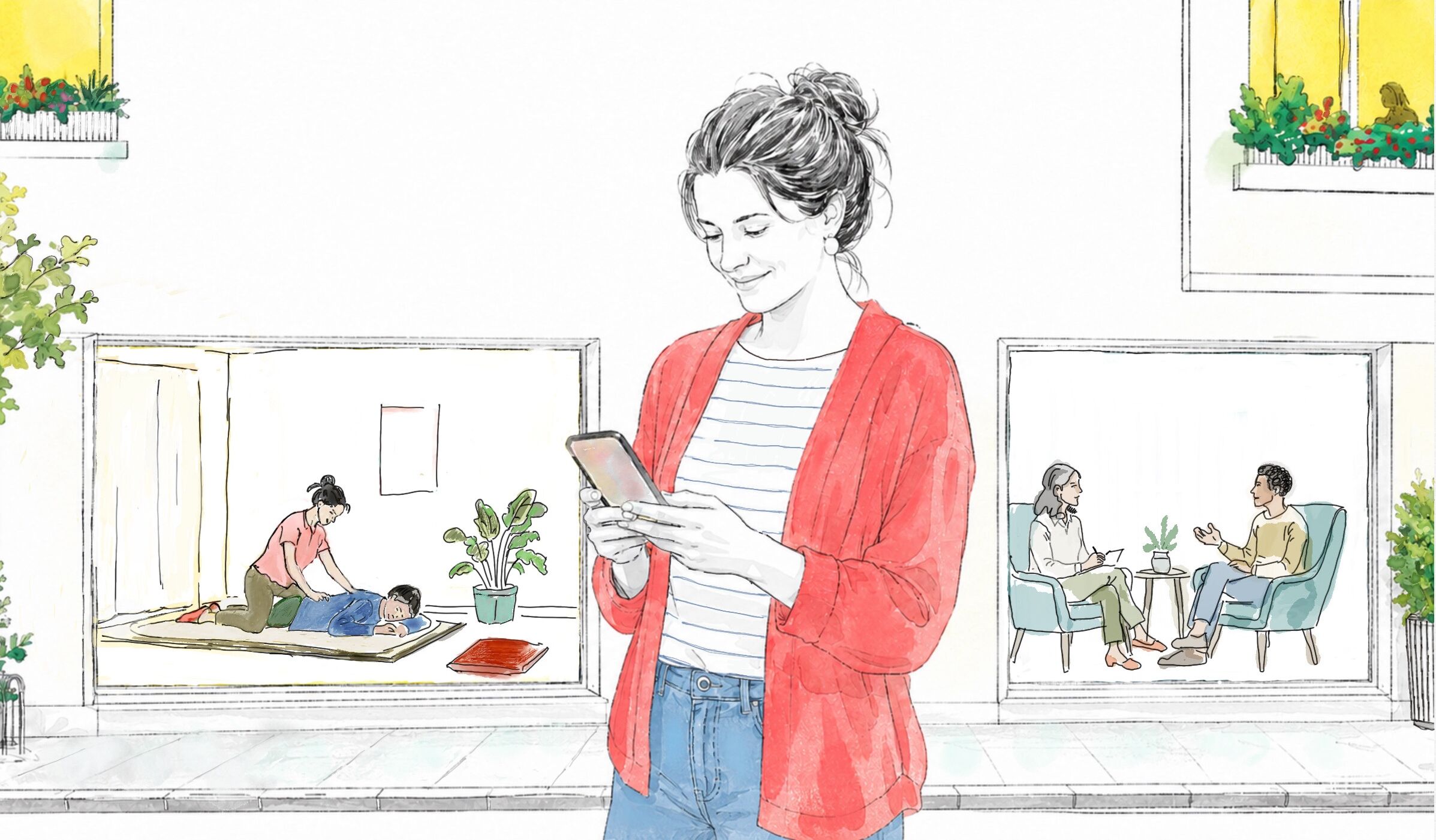 Illustration: Eine Frau bucht am Handy ein lokales Angebot, hinter ihr Schaufenster mit Shiatsu und Beratung
